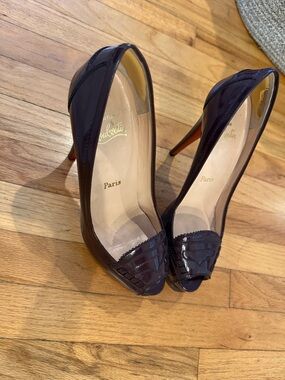 Christian Louboutin Plum Patent Leather Peep-Toe Stilettos